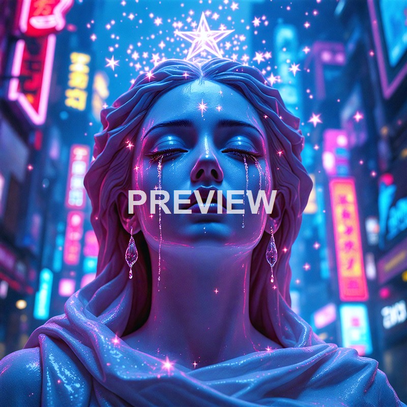 A digital artwork of a woman with glowing blue skin, closed eyes, tears, and a star-shaped crown, set against a vibrant neon-lit cityscape with signs and lights.